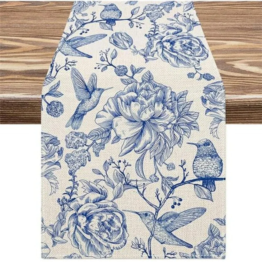 Blue floral table runner 13x72 vintage chinoiserie birds flowers dining table de